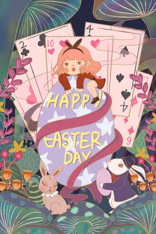 复活节女孩和兔子抱着彩蛋