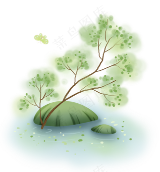 春天水塘边的树木,免抠元素