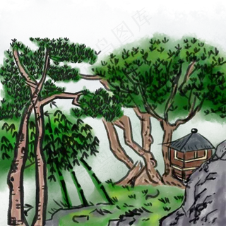 中国风山水植物山林小屋庭院山石