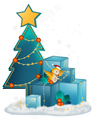 圣诞节平安夜圣诞树和小鸟,免抠元素