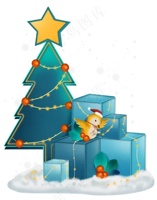 圣诞节平安夜圣诞树和小鸟,免抠元素