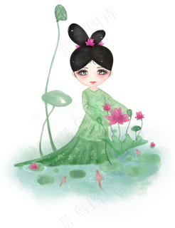 绿色Q版古风可爱女+古风手绘png