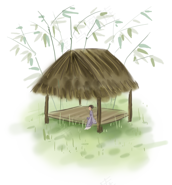 古风草棚里赏春的少女,免抠元素