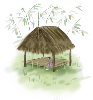 古风草棚里赏春的少女,免抠元素