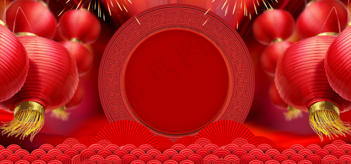 年货节红色大气中国风灯笼banner(1920*900px 	       )psd模版下载