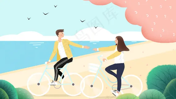 春天春分情侣樱花树下海边踏青扁平噪点插画