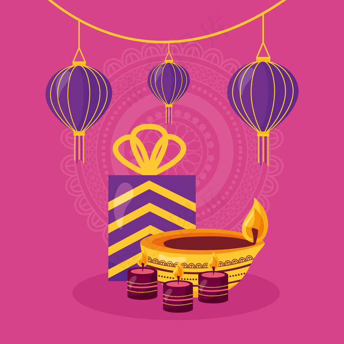 排灯节快乐卡，带礼物和蜡烛庆祝图标