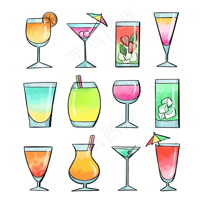 水彩鸡尾酒系列概念eps,ai矢量模版下载
