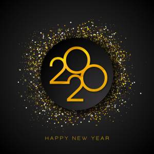 2020年新年快乐插图，黑色背景上有金色数字和飘落的五彩纸屑。