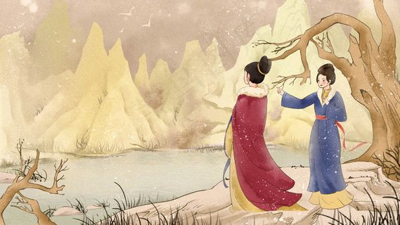 手绘中国风古代生活工笔复古女子郊游