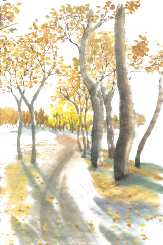 秋天的林间小道水墨画PNG免抠