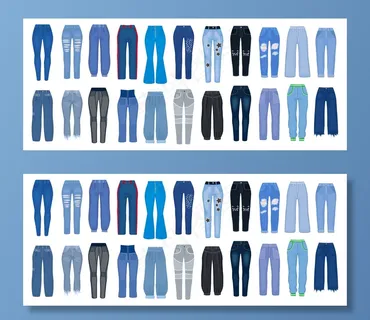 牛仔裤卡通套装图标。白色背景下的女裤插图。独立卡通集图标型牛仔裤。