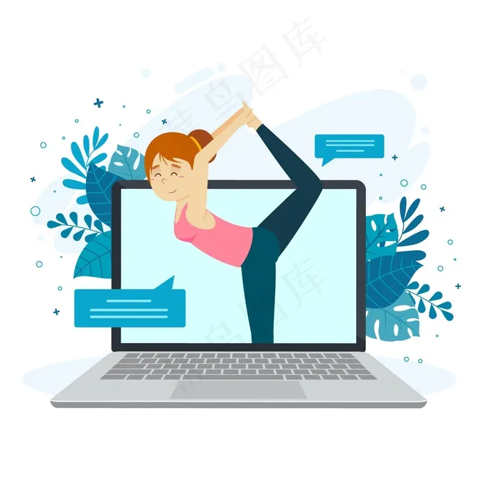 在线瑜伽课程概念，带女士和笔记本电脑