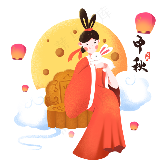中秋节坐在月饼上抱着玉兔的嫦娥(2000X2000(DPI:300))psd模版下载