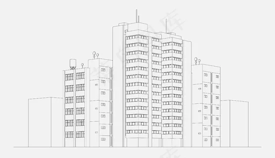 城市建筑-公寓-带塔楼和摩天大楼的建筑单元线性草图-矢量图