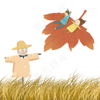 手绘24节气霜降稻草人和落叶免