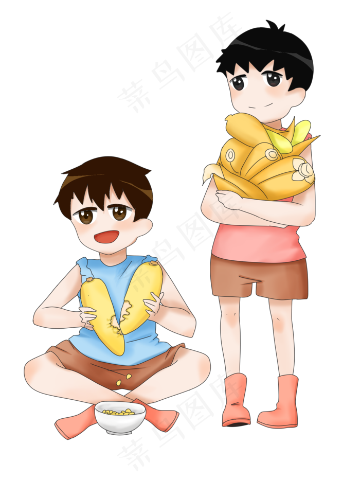 秋季秋分卡通手绘男孩摘玉米插画