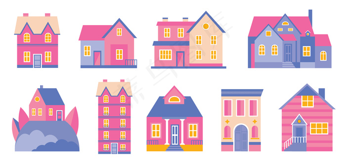 一套涂鸦可爱的房子。舒适的卡通手绘建筑复古柔和的颜色