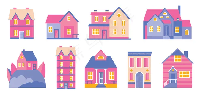 一套涂鸦可爱的房子。舒适的卡通手绘建筑复古柔和的颜色