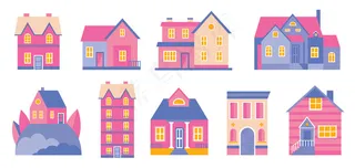 一套涂鸦可爱的房子。舒适的卡通手绘建筑复古柔和的颜色