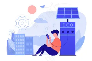 男子从太阳能充电站为智能手机充电。生态可再生充电系统、智能公交车站、物联网和智能城市概念。矢量图