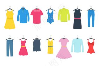 服装和配件时尚图标集。衣架上的男女休闲服