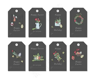 白色背景上的线性复活节快乐问候元素。春节假期标签集排版和彩色图标。