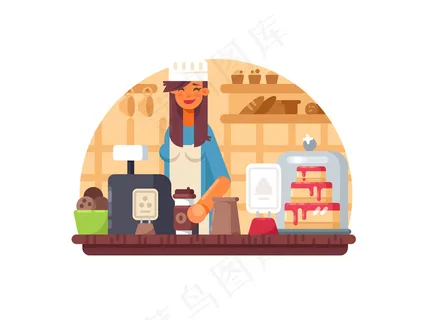 面包店的女售货员站在收银台上。矢量图