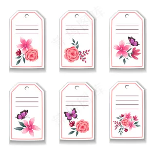 植物卡片与花，玫瑰，蝴蝶，树叶。