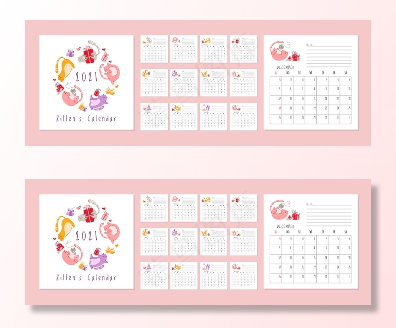 猫生日派对日历2021-滑稽小猫戴节日帽，礼品盒和礼物，生日蛋糕和饮料eps,ai矢量模版下载