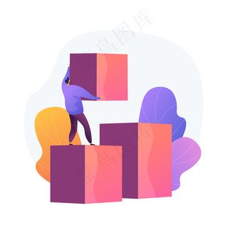 白手起家的商人。职业阶梯。个人进步，新机遇。带立方体的人在建楼梯。业务增长，战略发展。向量孤立概念隐喻图解