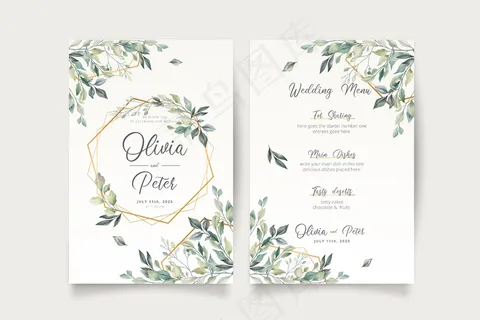 婚礼请柬和菜单模板与美丽的叶子