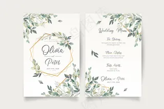 婚礼请柬和菜单模板与美丽的叶子
