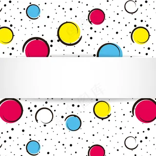 波普艺术五彩纸屑背景。白色背景上的大色点和圆圈，带有黑点和墨线。带有波普艺术风格的3d纸板的横幅banner。亮丽的设计