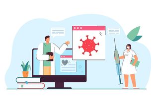 关于冠状病毒的医学网络研讨会。护士用注射器观看医生在线讲座平面插图