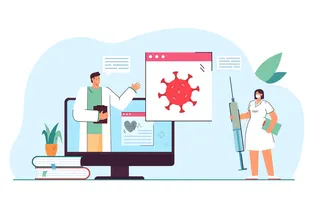 关于冠状病毒的医学网络研讨会。护士用注射器观看医生在线讲座平面插图