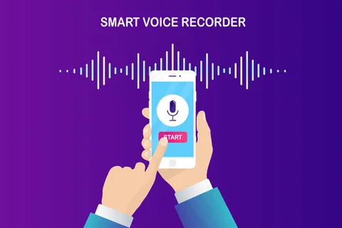 来自均衡器的音频梯度波。带有麦克风图标的手机。用于语音记录的手机app手机app移动应用程序app