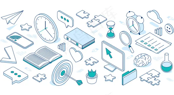 商业等距图标云，电脑，电话和时钟。