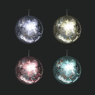 在深色背景上分离的蓝色、黄色、粉色和紫色迪斯科球矢量集