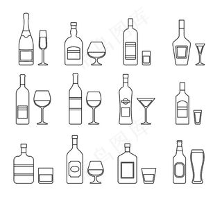 酒精瓶、饮料和玻璃杯的轮廓图标。矢量