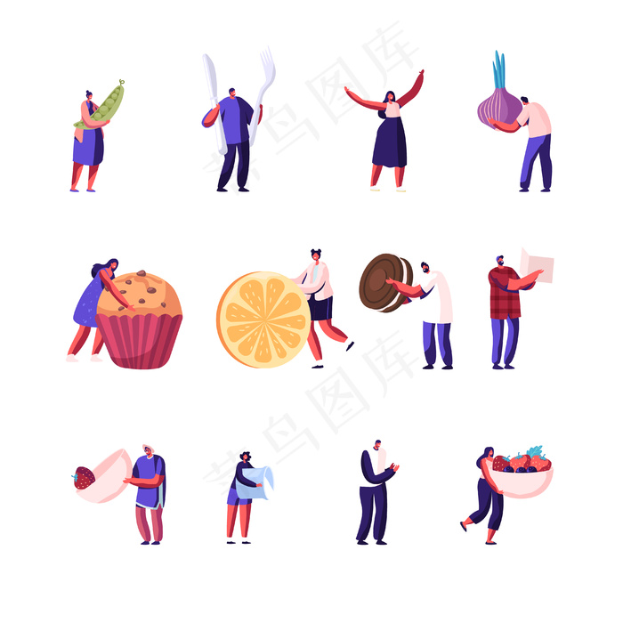 设定男女角色在白色背景上分别持有不同的食物。