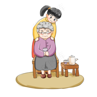 重阳节全家团圆登高卡通手绘捶背