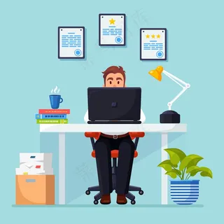 在办公桌旁工作的商人。办公室内部有文件、咖啡。坐在椅子上的经理