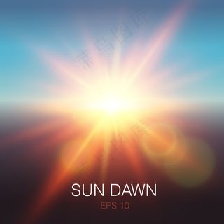 现实的太阳黎明的橙色光束和镜头耀斑在蓝天上