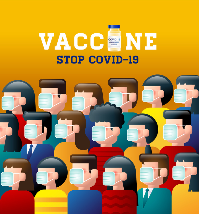 疫苗，停止covid-19，冠状病毒，面罩，社会疏远，群体免疫。eps,ai矢量模版下载