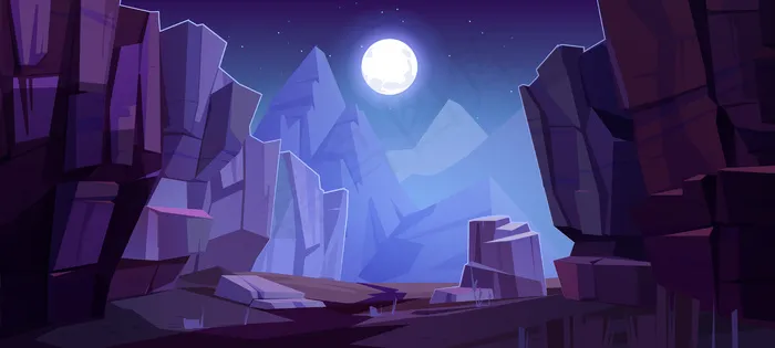 从底部看，群山错落有致，夜景中有高高的岩石和满月，群星在山峰上闪烁eps,ai矢量模版下载