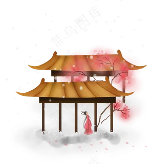 中国风庭院里的赏梅的红衣少女