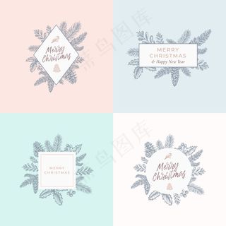 一套圣诞树叶卡片，标志或标志模板。