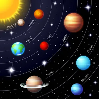 彩色矢量太阳系显示了太阳-地球-火星-水星-木星-土星-天王星-海王星在闪烁的星空中的位置和轨道 彩色矢量太阳系显示了太阳-地球-火星-水星-木星-土星-天王星-海王星在闪烁的星空中的位置和轨道