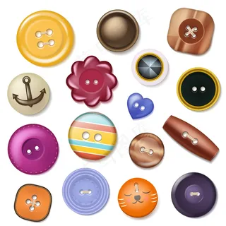 缝制纽扣时尚设计服装配件系列服装裁缝插图一套五颜六色的塑料布圆形物体在白色背景上独立缝制连衣裙